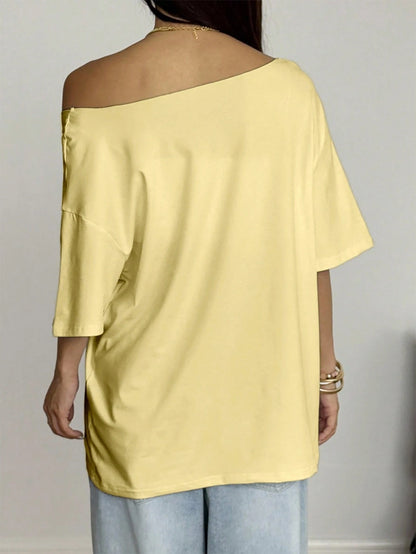 SXV Women's Loose Yellow T-Shirt, Off-Shoulder Fruit Lemon Beach Style