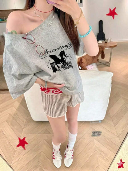 SXV Y2K Retro California 1997 Letter Graphic Off Shoulder Loose Gray Asymmetric Hem T-Shirt
