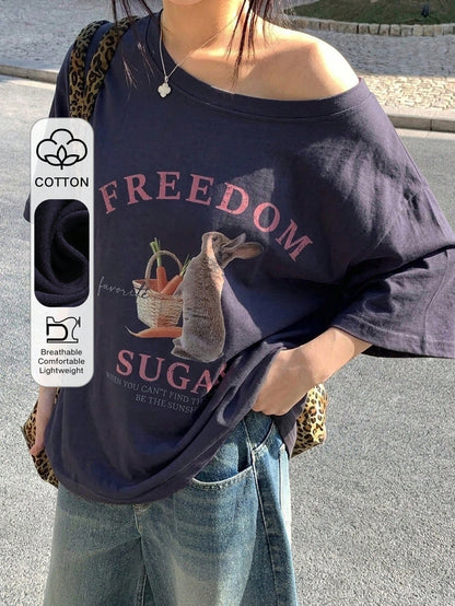 SXV Women's Summer Loose Fit Asymmetric Neck Freedom Sugar T-shirt