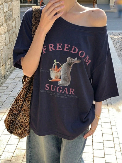 SXV Women's Summer Loose Fit Asymmetric Neck Freedom Sugar T-shirt
