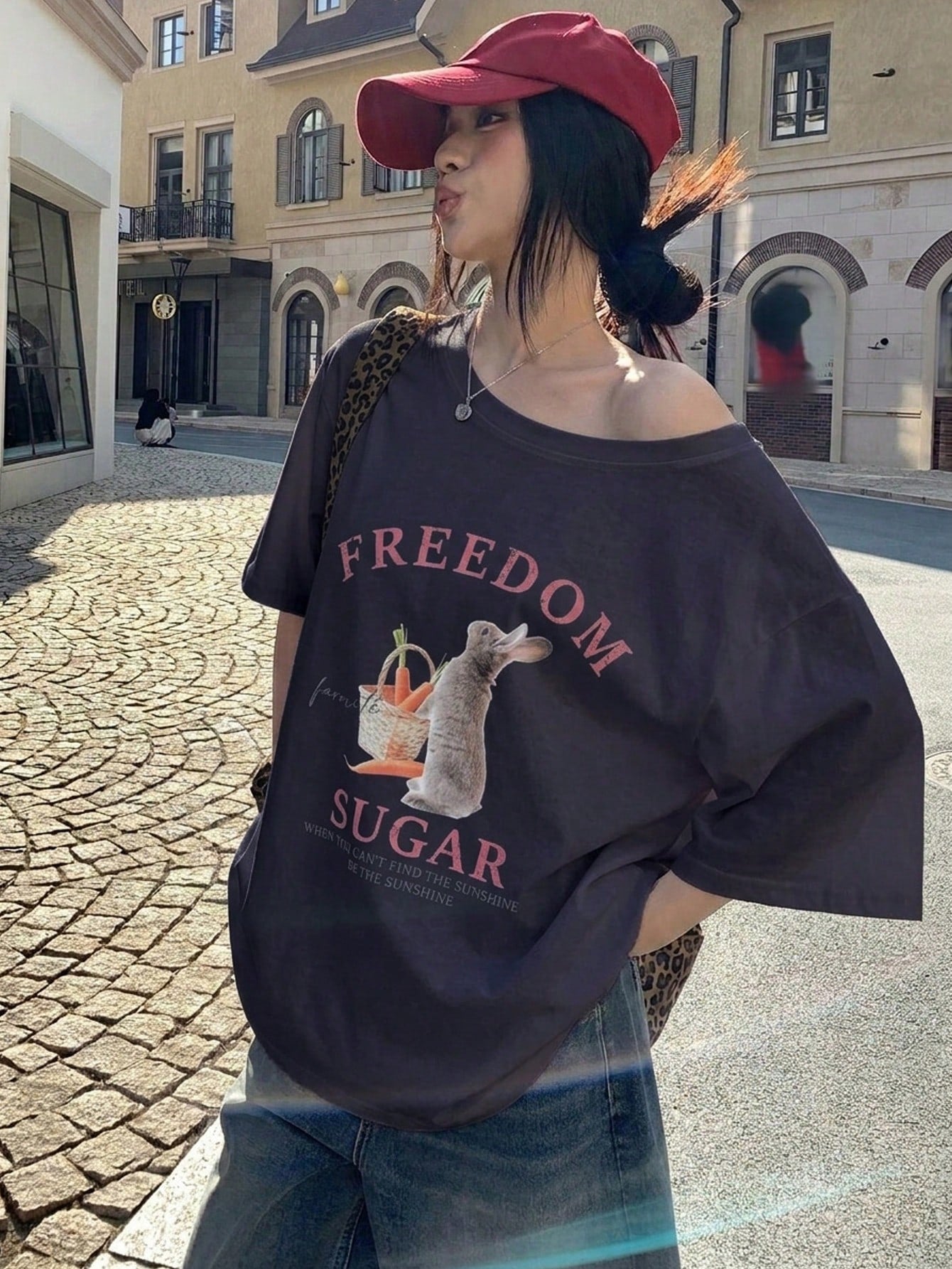 SXV Women's Summer Loose Fit Asymmetric Neck Freedom Sugar T-shirt