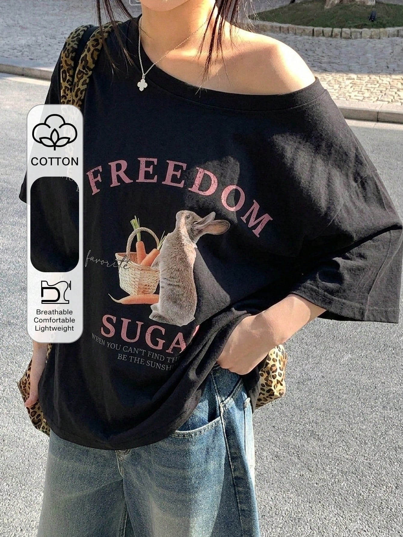 SXV Women's Summer Loose Fit Asymmetric Neck Freedom Sugar T-shirt