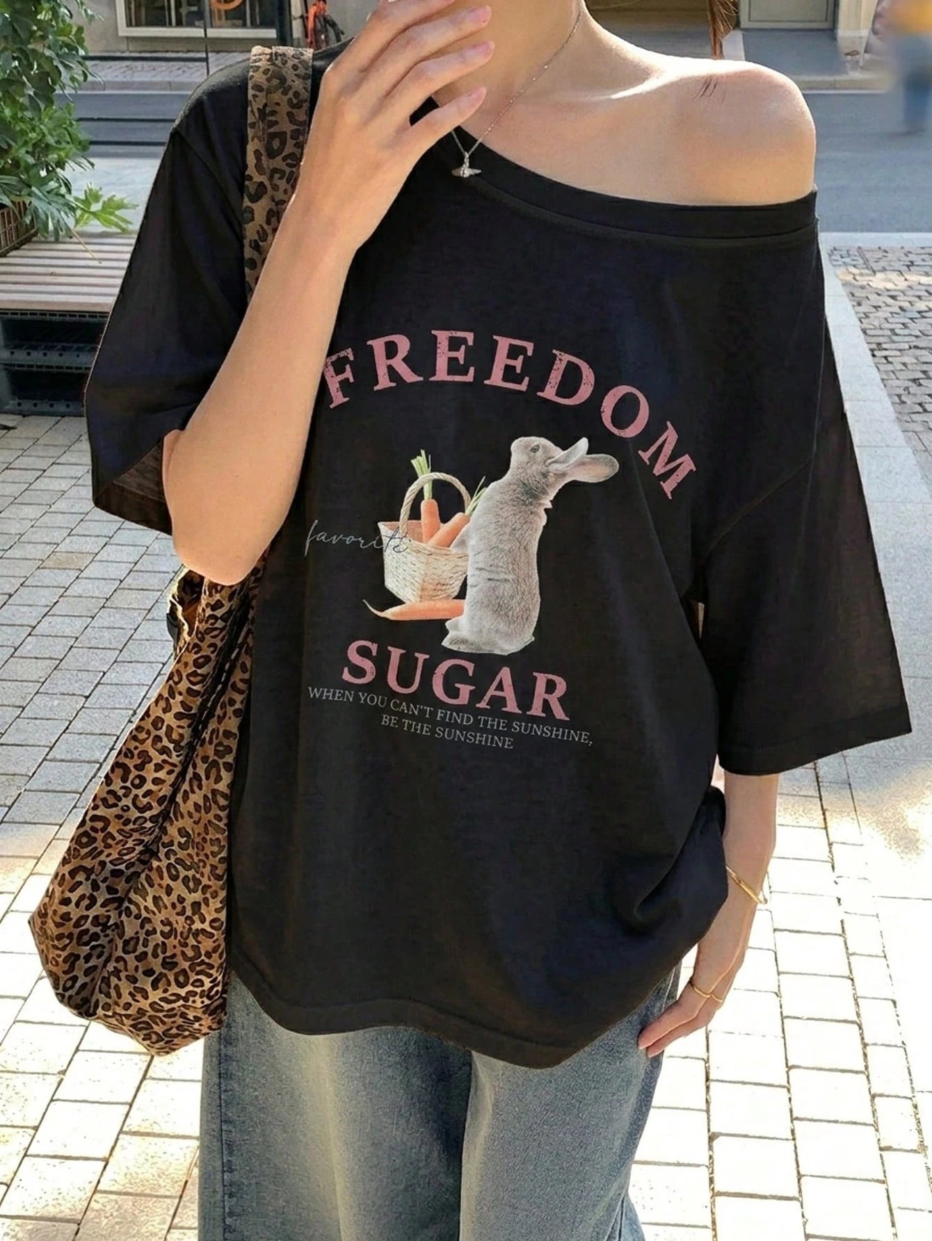 SXV Women's Summer Loose Fit Asymmetric Neck Freedom Sugar T-shirt