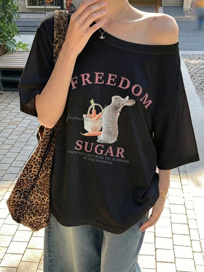 SXV Women's Summer Loose Fit Asymmetric Neck Freedom Sugar T-shirt