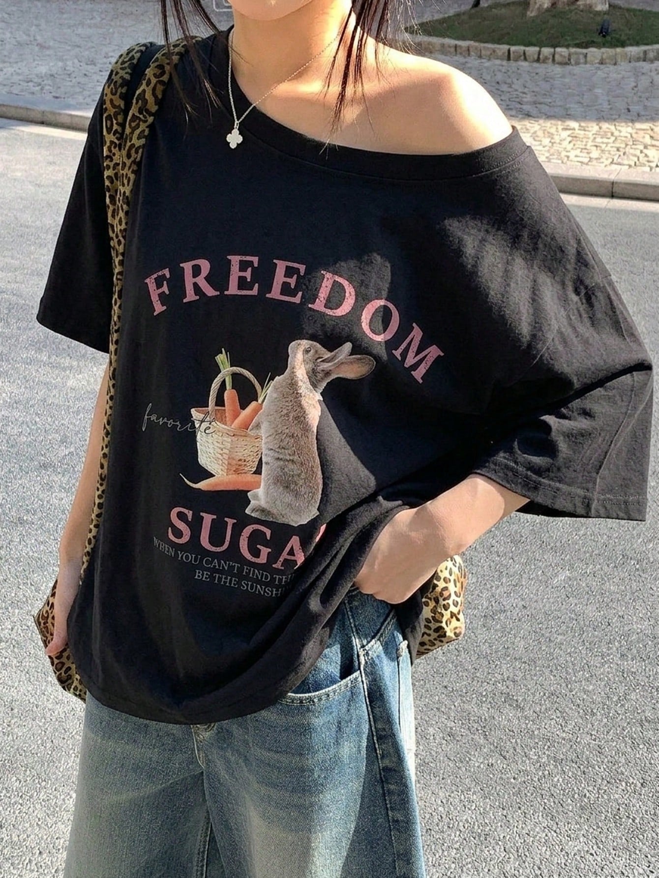 SXV Women's Summer Loose Fit Asymmetric Neck Freedom Sugar T-shirt