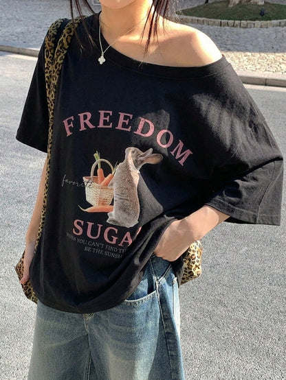 SXV Women's Summer Loose Fit Asymmetric Neck Freedom Sugar T-shirt