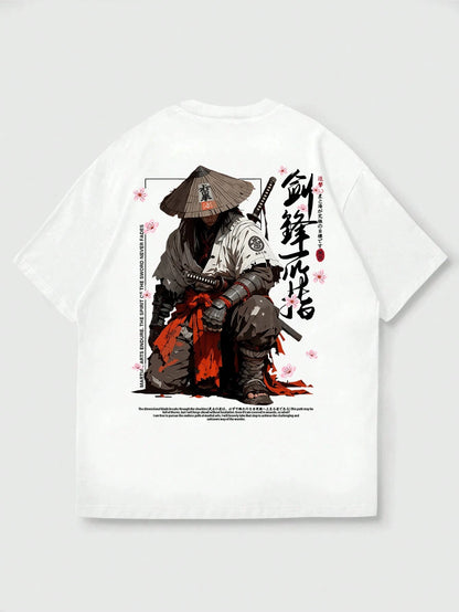 SXV Japanese Cyberpunk Illustration Print Black Crew Neck Short Sleeve T-Shirt