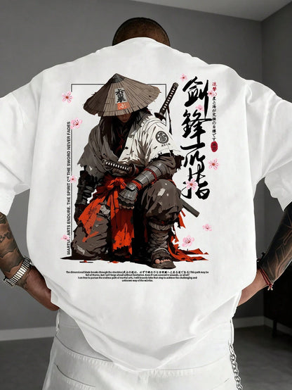 SXV Japanese Cyberpunk Illustration Print Black Crew Neck Short Sleeve T-Shirt