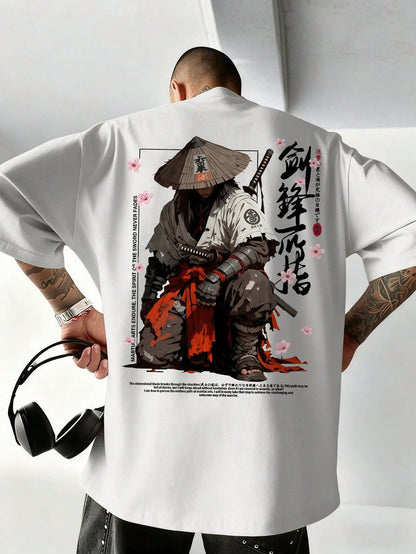 SXV Japanese Cyberpunk Illustration Print Black Crew Neck Short Sleeve T-Shirt