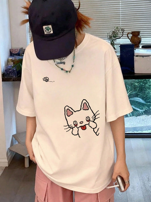 SXV Summer Cotton, Round Neck, Loose Fit, Versatile, Simple, English Print Short-Sleeve T-shirt