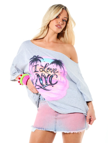 SXV I LOVE NYC Oversized Off Shoulder Graphic Tee With Distressed Slogan Print