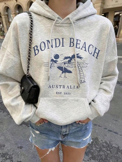 SXV Grey Bondi Beach Coconut Tree Graphic Pullover Hoodie