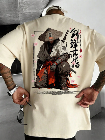 SXV Japanese Cyberpunk Illustration Print Black Crew Neck Short Sleeve T-Shirt