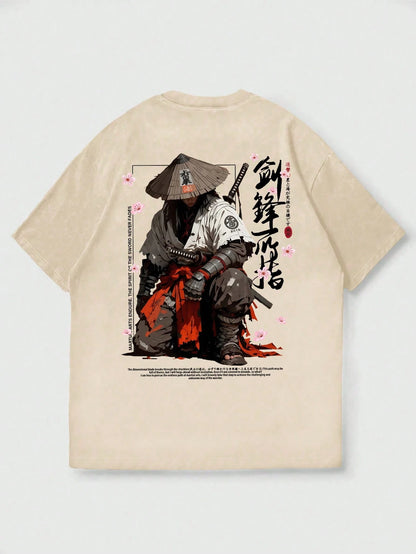 SXV Japanese Cyberpunk Illustration Print Black Crew Neck Short Sleeve T-Shirt