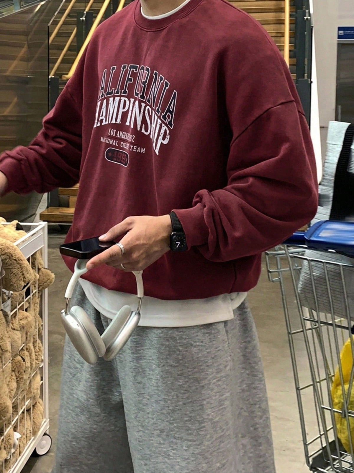 SXV Autumn Letter Print Burgundy Crew Neck Short Pullover Sweatshirt