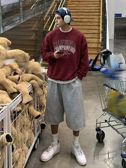 SXV Autumn Letter Print Burgundy Crew Neck Short Pullover Sweatshirt