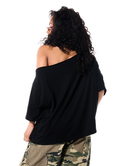 SXV Off Shoulder Graphic Tee Still A Baddie Slogan Print