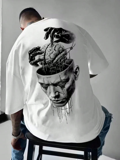 SXV Summer Fashion Versatile Mask Brain Print Crew Neck Short Sleeve T-Shirt
