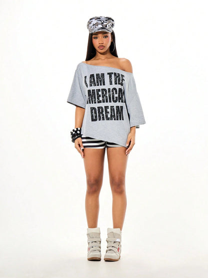 SXV Oversized Off Shoulder Graphic Tee With Distressed Slogan Print