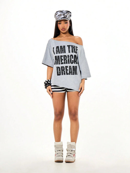 SXV Oversized Off Shoulder Graphic Tee With Distressed Slogan Print