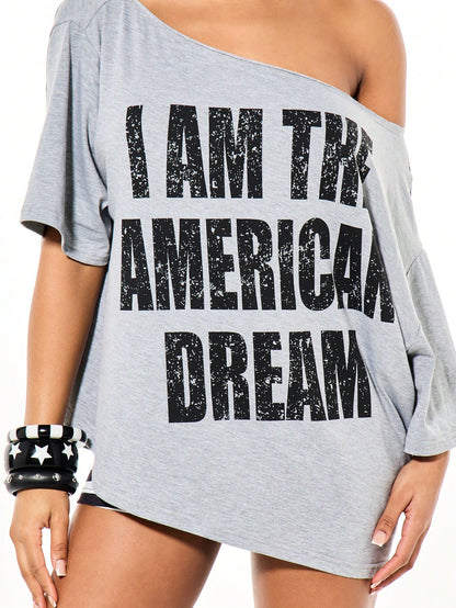 SXV Oversized Off Shoulder Graphic Tee With Distressed Slogan Print