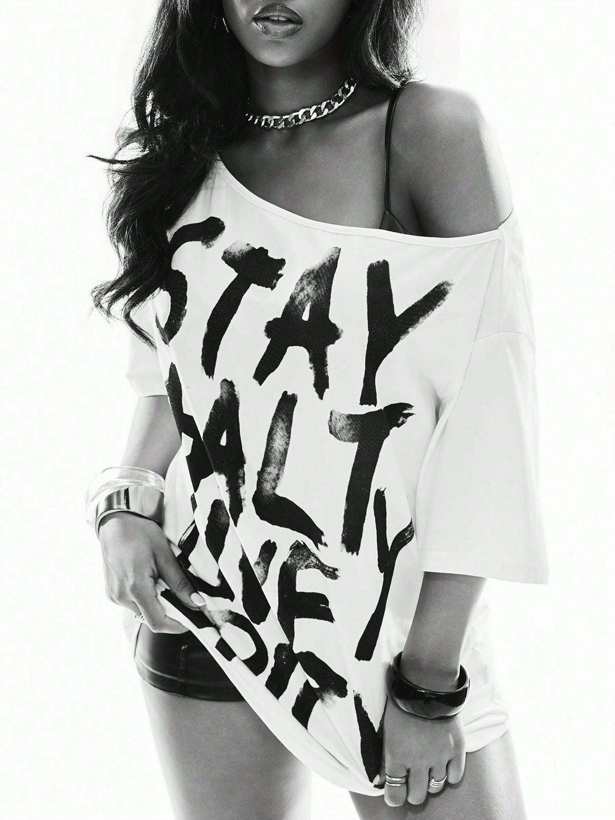 SXV Punk Street Style Hot Girl Splatter Print Design Minimalist Asymmetric Neck Loose T-Shirt