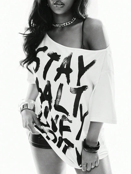SXV Punk Street Style Hot Girl Splatter Print Design Minimalist Asymmetric Neck Loose T-Shirt