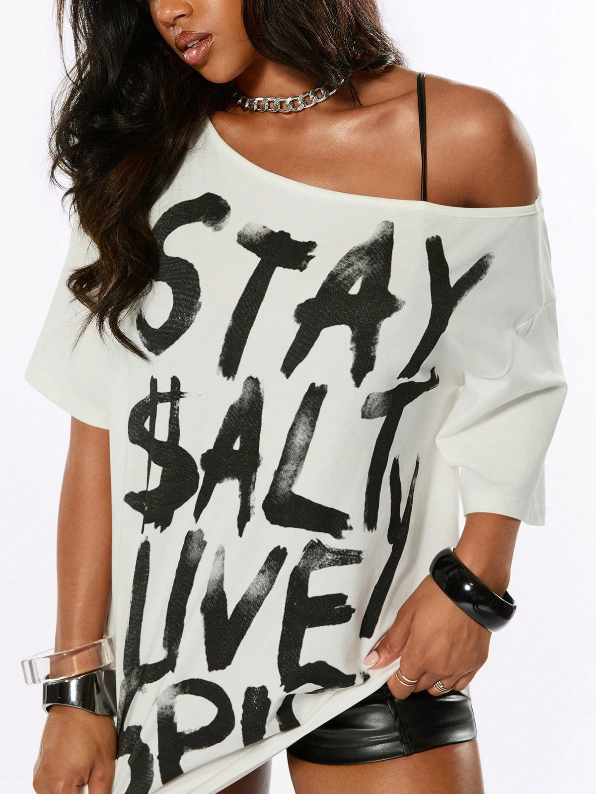SXV Punk Street Style Hot Girl Splatter Print Design Minimalist Asymmetric Neck Loose T-Shirt