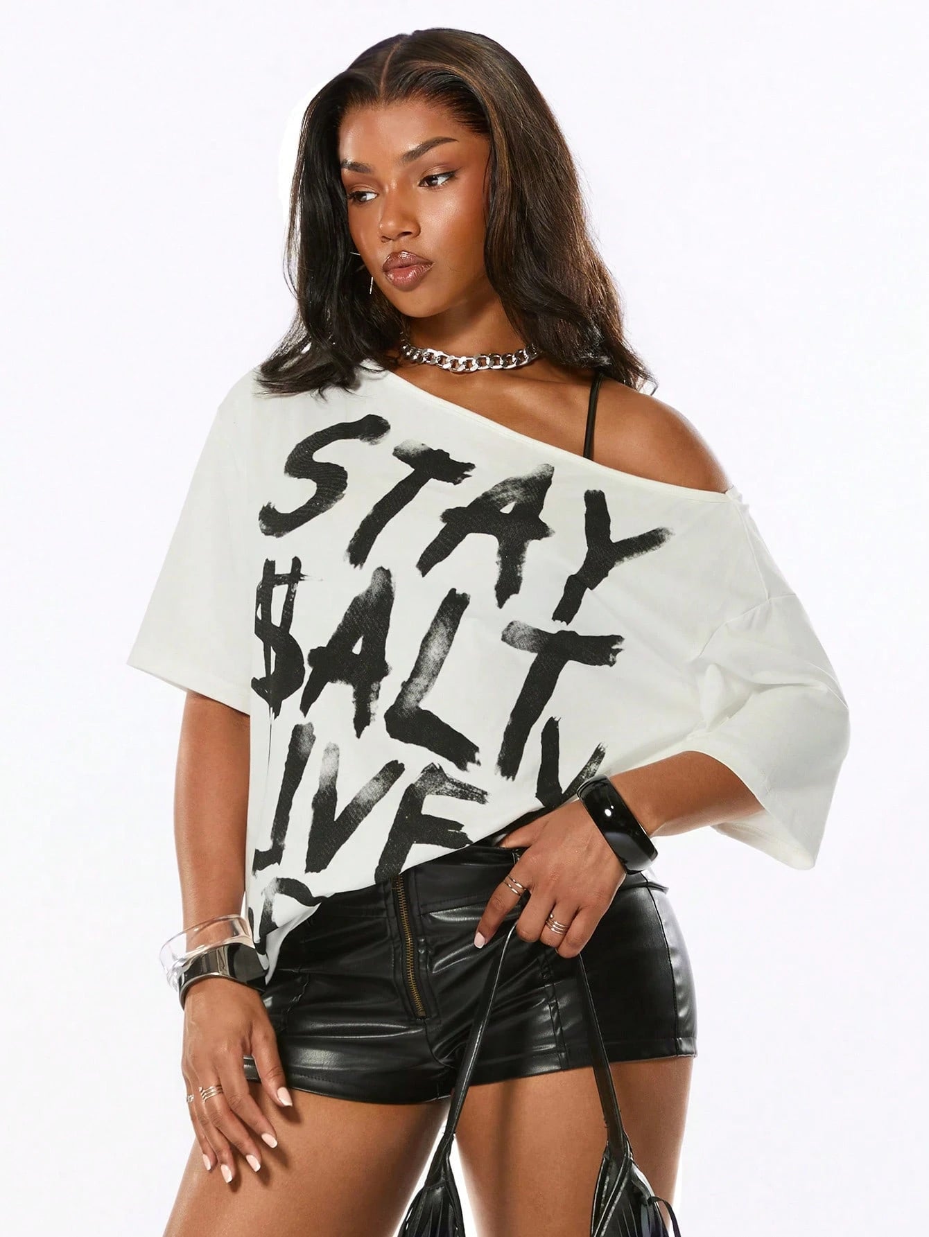 SXV Punk Street Style Hot Girl Splatter Print Design Minimalist Asymmetric Neck Loose T-Shirt