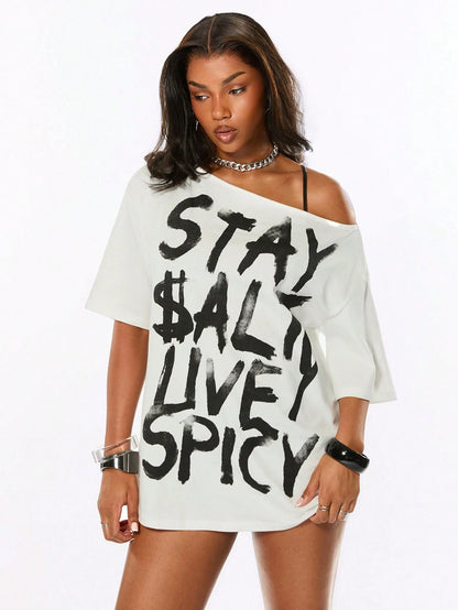SXV Punk Street Style Hot Girl Splatter Print Design Minimalist Asymmetric Neck Loose T-Shirt
