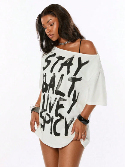 SXV Punk Street Style Hot Girl Splatter Print Design Minimalist Asymmetric Neck Loose T-Shirt