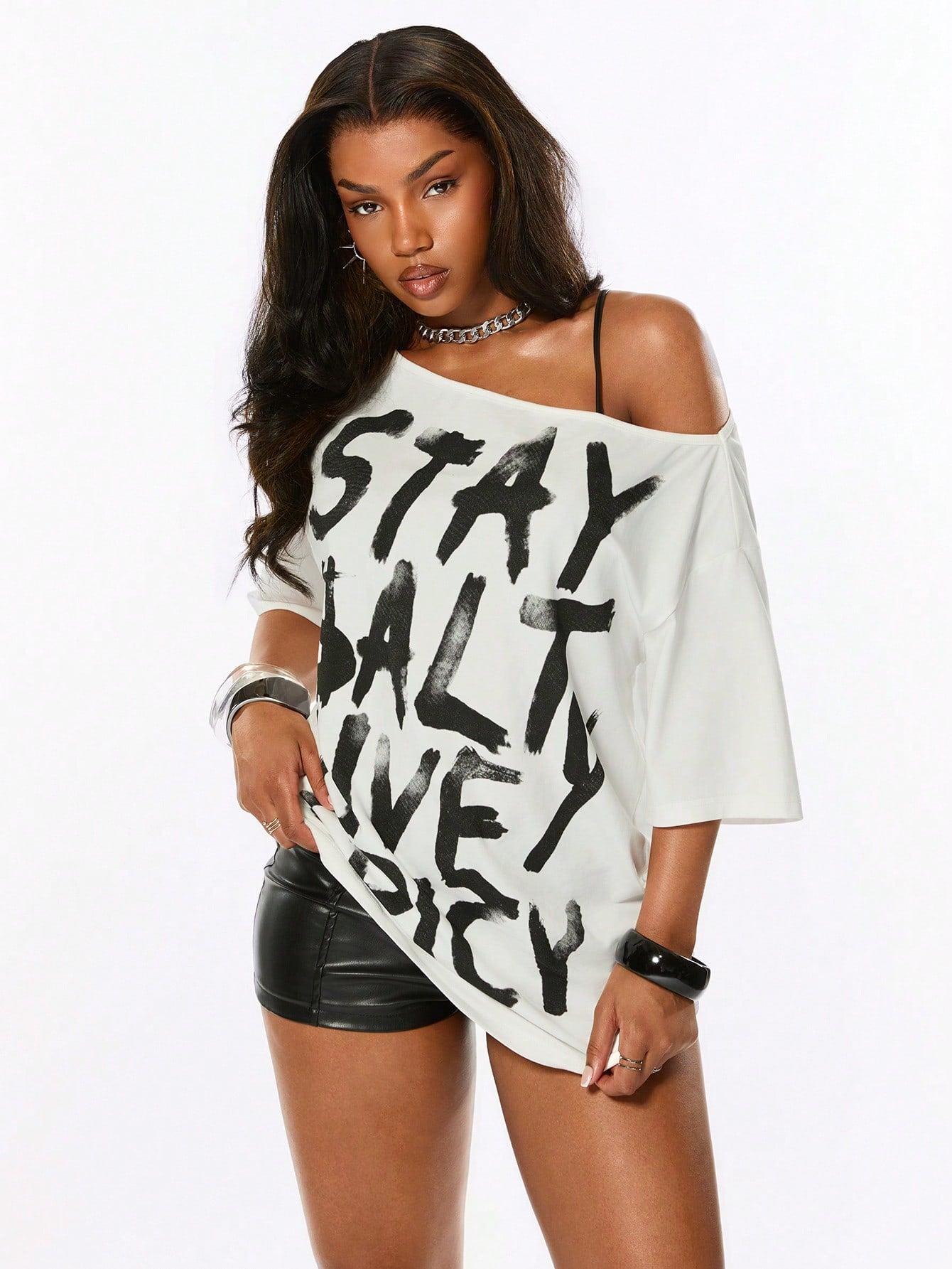 SXV Punk Street Style Hot Girl Splatter Print Design Minimalist Asymmetric Neck Loose T-Shirt