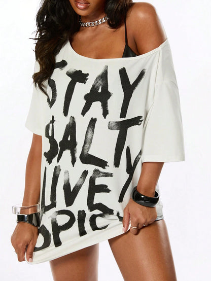 SXV Punk Street Style Hot Girl Splatter Print Design Minimalist Asymmetric Neck Loose T-Shirt
