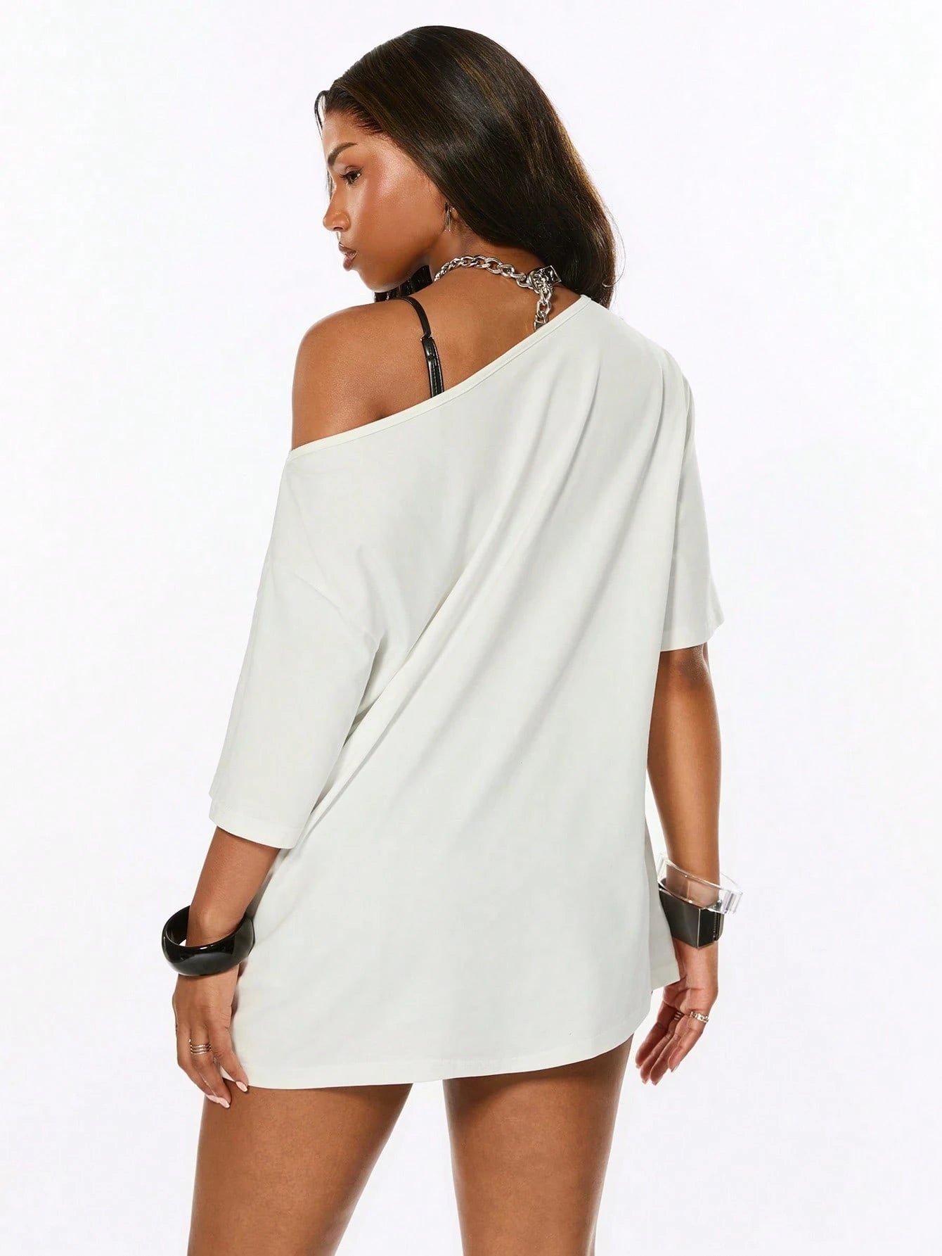 SXV Punk Street Style Hot Girl Splatter Print Design Minimalist Asymmetric Neck Loose T-Shirt