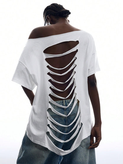 SXV Minimalism Women's Slogan Print Back Hollow Out T-Shirt