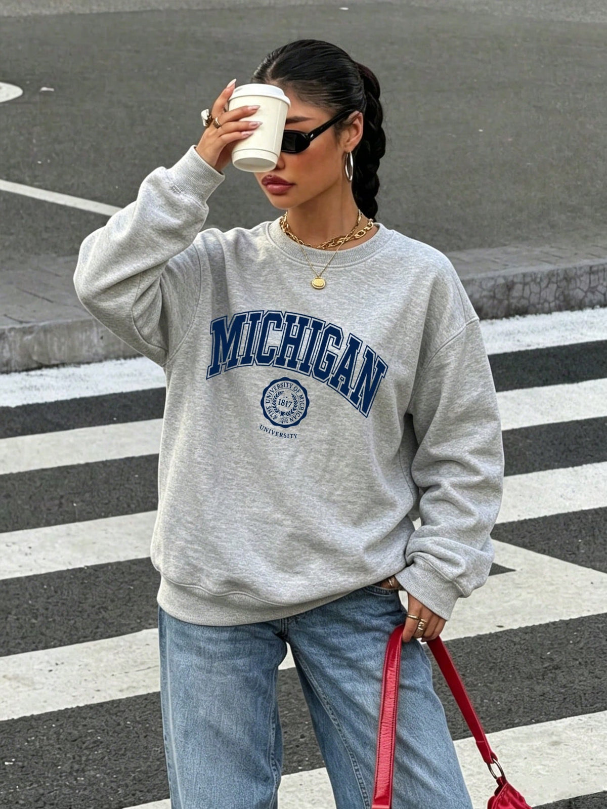 SXV Women's Crew Neck Pullover Michigan Printed Sweatshirt