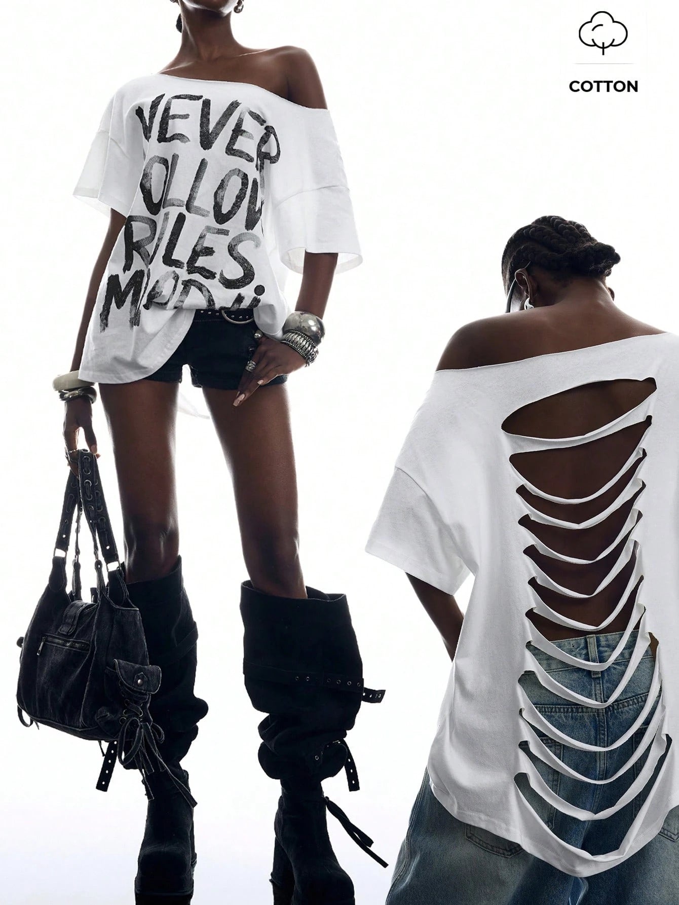 SXV Minimalism Women's Slogan Print Back Hollow Out T-Shirt