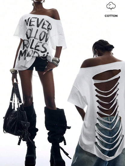 SXV Minimalism Women's Slogan Print Back Hollow Out T-Shirt