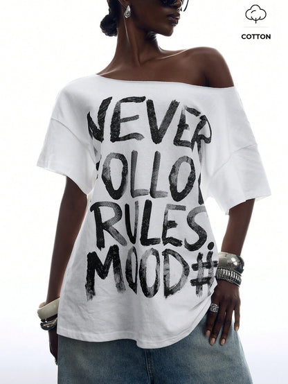 SXV Minimalism Women's Slogan Print Back Hollow Out T-Shirt
