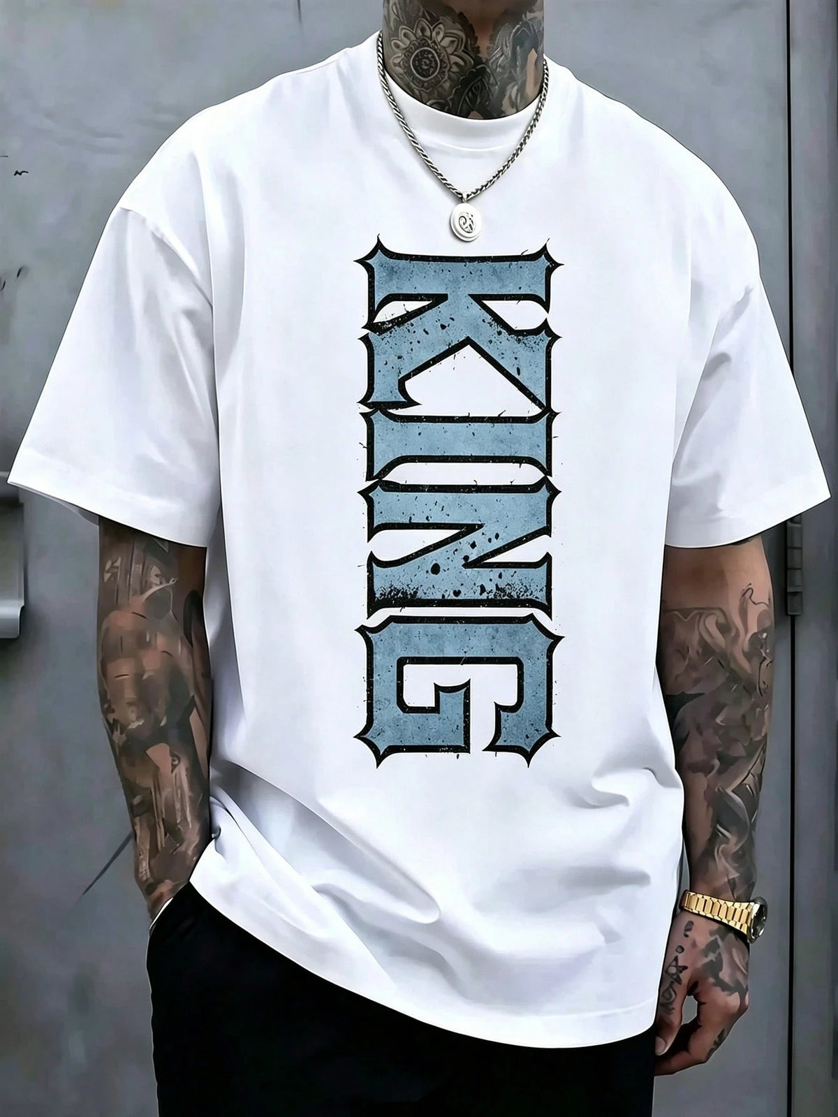 SXV Gothic KING Print White TShirt, Crew Neck, Casual Cotton Tee
