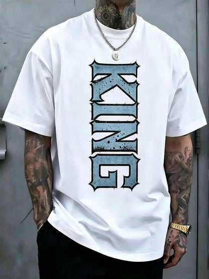 SXV Gothic KING Print White TShirt, Crew Neck, Casual Cotton Tee