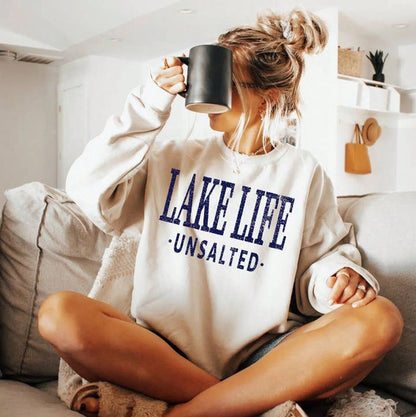 SXV Lake Life Unsalted Print Burgundy Crew Neck Short Pullover Sweatshirt