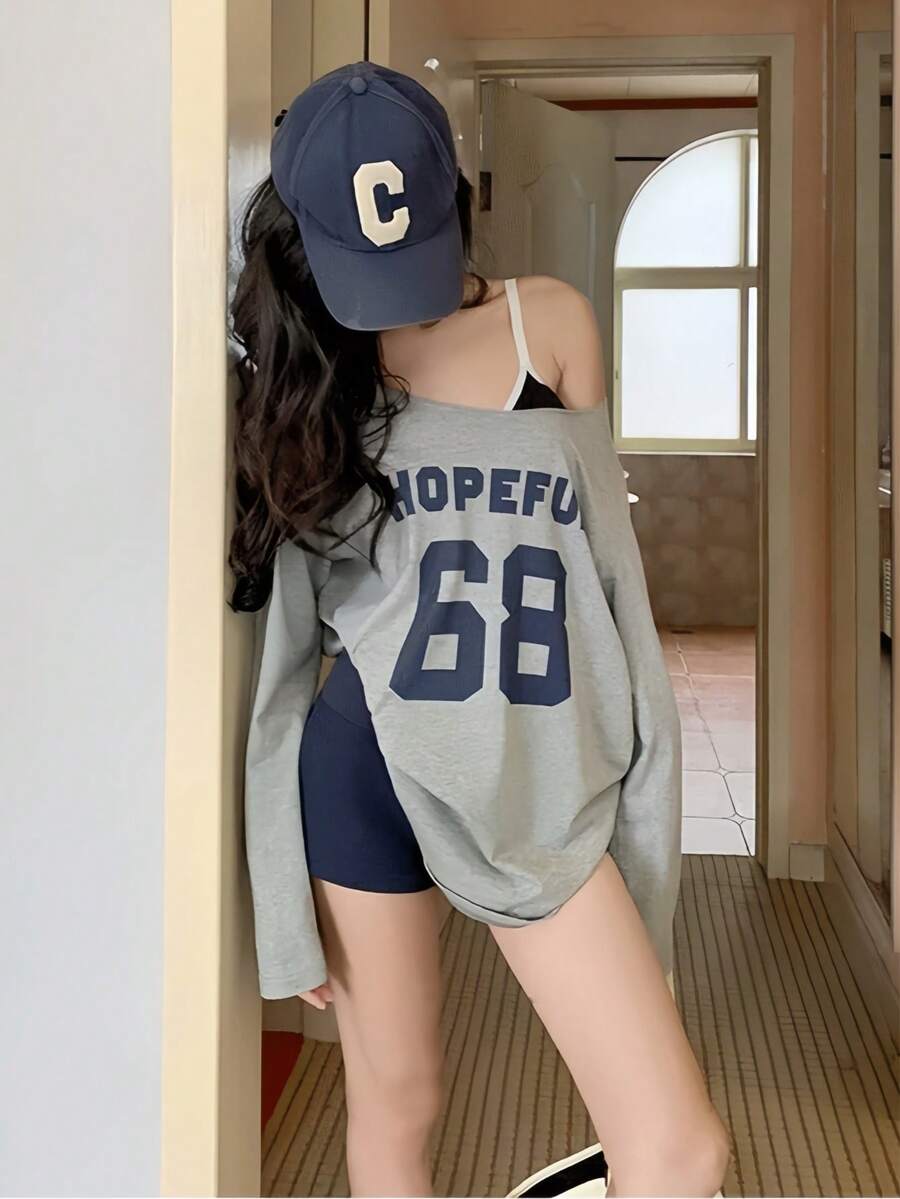 SXV hopeful Y2K Graphics Comfortable Asymmetrical Neck Off The Shoulder Long Sleeve T-Shirt