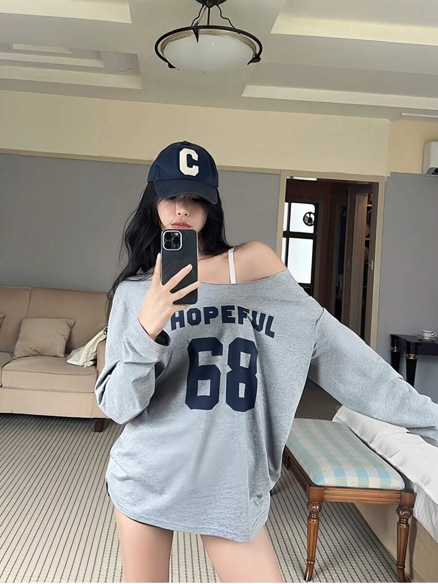 SXV hopeful Y2K Graphics Comfortable Asymmetrical Neck Off The Shoulder Long Sleeve T-Shirt