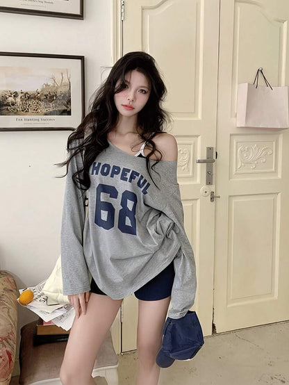 SXV hopeful Y2K Graphics Comfortable Asymmetrical Neck Off The Shoulder Long Sleeve T-Shirt