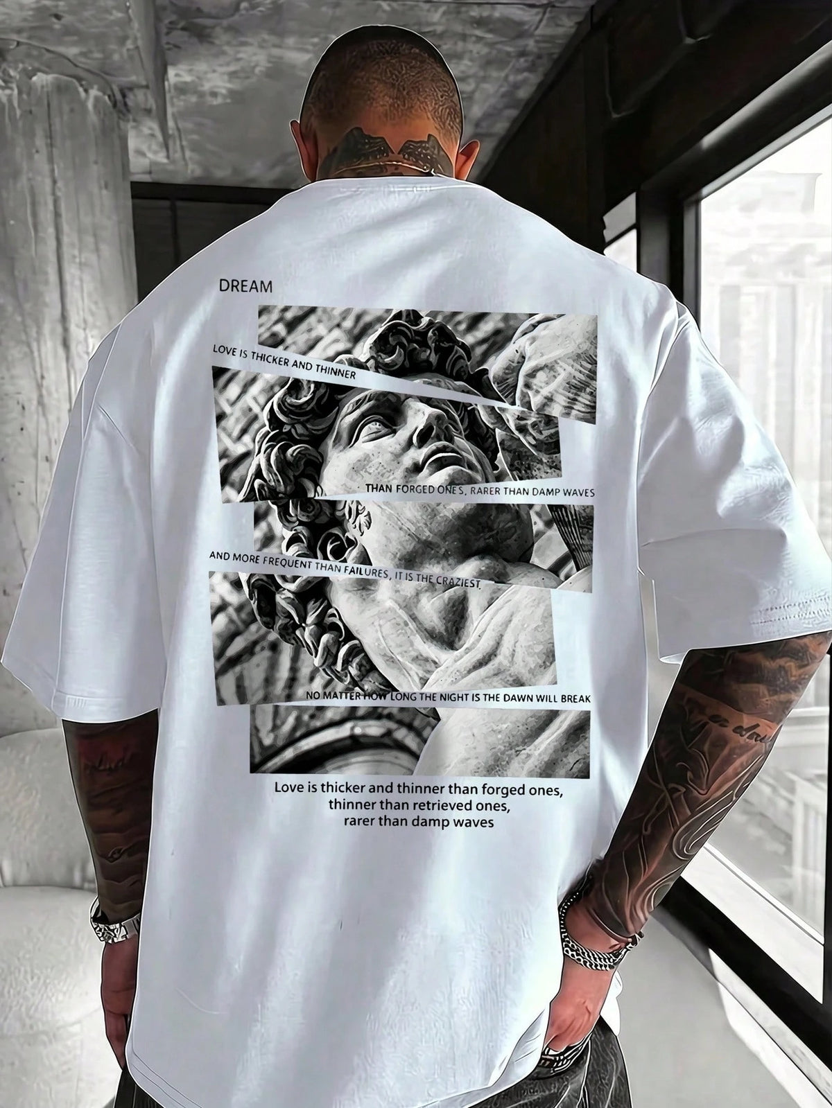 SXV Vintage David Statue Patchwork Back Print Short Sleeve T-Shirt