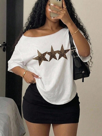 SXV Women's Fashion Fun Print Solid Color Round Neck Short Sleeve T-Shirt