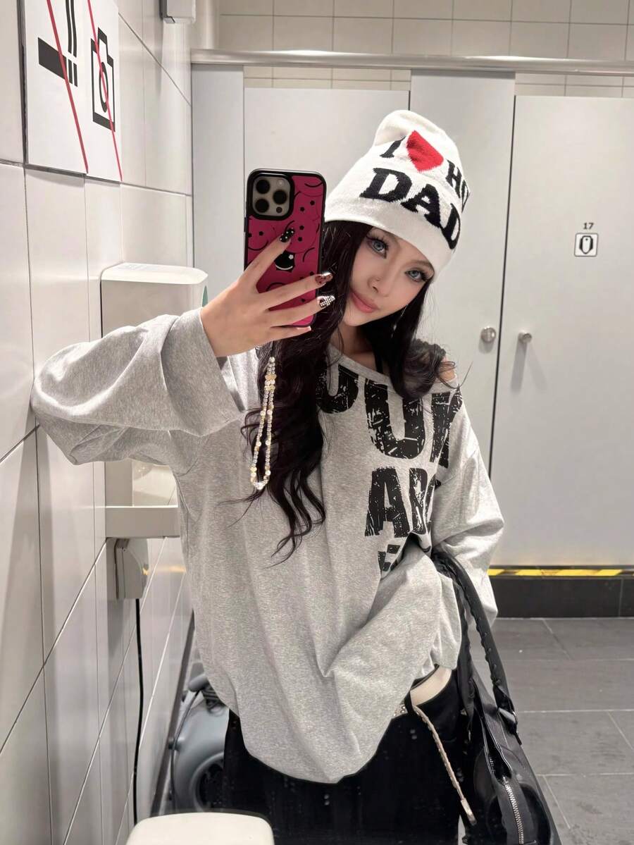 SXV 900k Y2K Graphics Comfortable Asymmetrical Neck Off The Shoulder Long Sleeve T-Shirt
