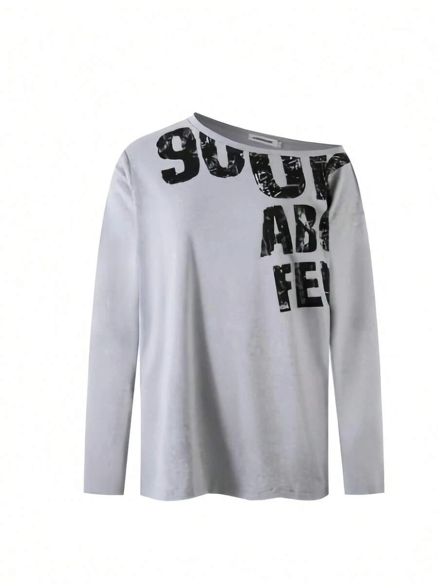 SXV 900k Y2K Graphics Comfortable Asymmetrical Neck Off The Shoulder Long Sleeve T-Shirt