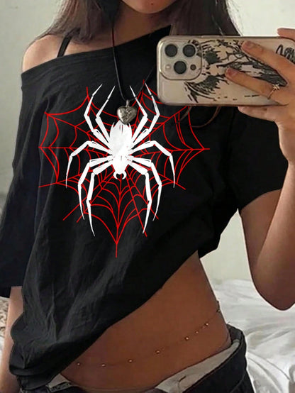 SXV SPIDER TRAP Oversized Off Shoulder Graphic Tee With Distressed Slogan Print